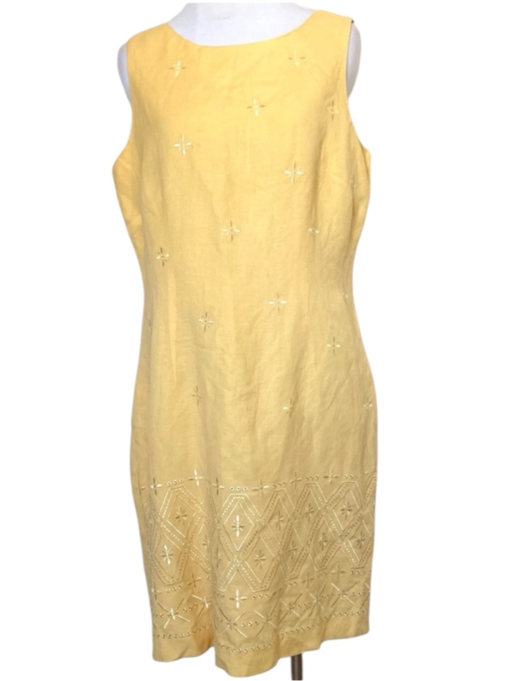 AGB PETITE DRESS 12P YELLOW EMBROIDERED SUNDRESS LINEN BLEND SHEATH DRESS